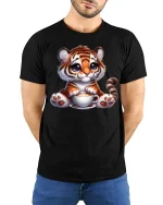 Cute Tiger Coffee Lover Funny Animal Graphic T Shirt Design - model wearing black tee with hands behind back