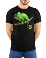 Cute Chameleon Branch Sitting Funny Animal Graphic T Shirt - model wearing black tee with hands behind back