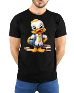 Cute Smart Duck Student Cartoon Illustration Funny Graphic T Shirt - model wearing black tee with hands behind back