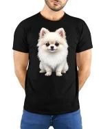 Adorable Fluffy Pomeranian Puppy Illustration Cute Graphic T Shirt - model wearing black tee with hands behind back