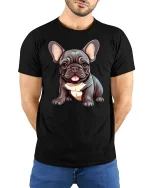 Adorable French Bulldog Puppy Illustration Cute Dog Graphic T Shirt - model wearing black tee with hands behind back