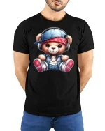 Cute Hip Hop Teddy Bear T Shirt With Headphones Street Style - model wearing black tee with hands behind back