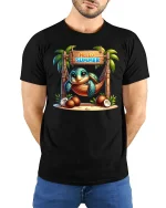 Hello Summer Cute Turtle T Shirt With Tropical Hammock Art - model wearing black tee with hands behind back