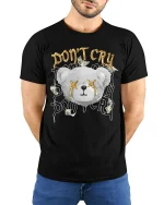 Dont Cry Money Teddy Bear T Shirt With Bold Street Attitude - model wearing black tee with hands behind back