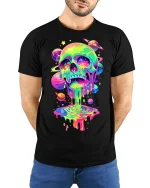 Psychedelic Cosmic Skull Graphic T Shirt With Trippy Galaxy Art - model wearing black tee with hands behind back
