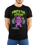 Worth The Weight Funny Gym Bear Graphic T Shirt Workout Humor - model wearing black tee with hands behind back