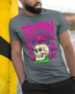 Trippin Skull Mushroom Psychedelic Graphic T Shirt Art - model wearing grey tee, leaning on column
