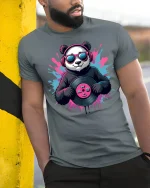 Cool Panda DJ Vinyl Graphic T Shirt With Music Vibes - model wearing grey tee, leaning on column