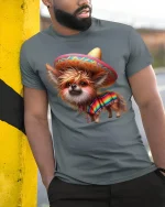 Cute Sombrero Dog Graphic T Shirt With Colorful Fiesta Style - model wearing grey tee, leaning on column