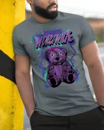 Purple Worrmude Teddy Horror T Shirt With Stitched Creepy Art - model wearing grey tee, leaning on column