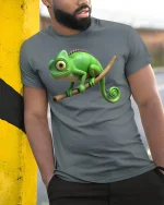 Cute Chameleon Branch Sitting Funny Animal Graphic T Shirt - model wearing grey tee, leaning on column