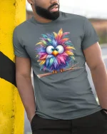 Colorful Fluffy Owl Cartoon Art Cute Animal Graphic T Shirt - model wearing grey tee, leaning on column