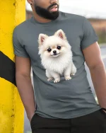Adorable Fluffy Pomeranian Puppy Illustration Cute Graphic T Shirt - model wearing grey tee, leaning on column