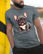 Adorable French Bulldog Puppy Illustration Cute Dog Graphic T Shirt - model wearing grey tee, leaning on column
