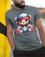 Cute Hip Hop Teddy Bear T Shirt With Headphones Street Style - model wearing grey tee, leaning on column