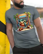 Hello Summer Cute Turtle T Shirt With Tropical Hammock Art - model wearing grey tee, leaning on column