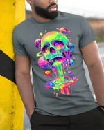 Psychedelic Cosmic Skull Graphic T Shirt With Trippy Galaxy Art - model wearing grey tee, leaning on column