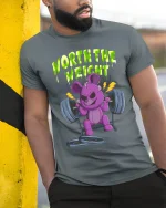 Worth The Weight Funny Gym Bear Graphic T Shirt Workout Humor - model wearing grey tee, leaning on column