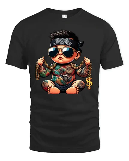 Tattoo Baby Gangster Drip Graphic Tee Street Art Style - black t-shirt on white background