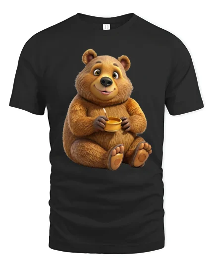 Cute Bear Honey Graphic Tee Adorable Cozy Cartoon T Shirt - black t-shirt on white background