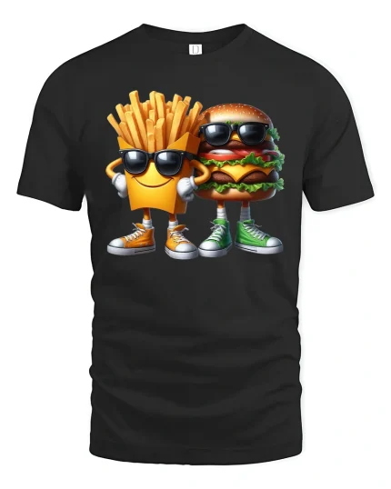 Funny Burger And Fries Graphic Tee Cool Cartoon Food T Shirt - black t-shirt on white background