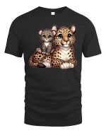 Cute Leopard And Cub Graphic Tee Adorable Wildlife Cartoon T Shirt - black t-shirt on white background