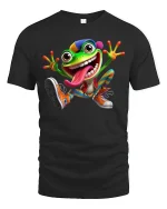 Funny Crazy Frog Cartoon Graphic Tee Colorful Playful Art T Shirt - black t-shirt on white background