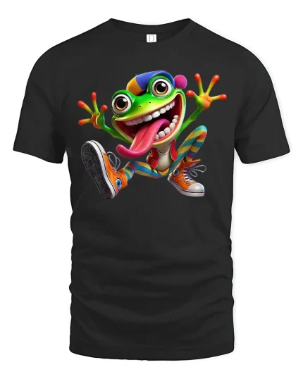 Funny Crazy Frog Cartoon Graphic Tee Colorful Playful Art T Shirt - black t-shirt on white background