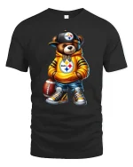 Cool Football Bear Street Style Graphic Tee Urban Fan Art T Shirt - black t-shirt on white background