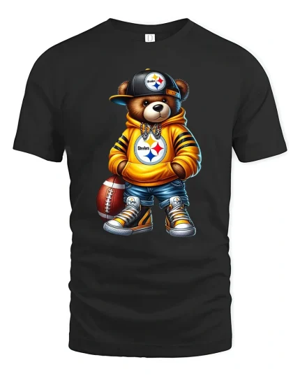 Cool Football Bear Street Style Graphic Tee Urban Fan Art T Shirt - black t-shirt on white background