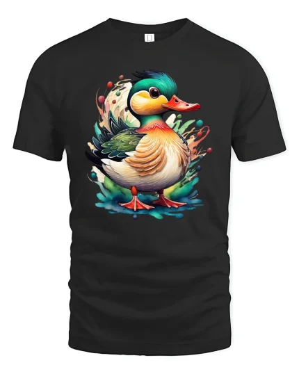 Colorful Duck Art Graphic Tee Cute Watercolor Animal T Shirt - black t-shirt on white background