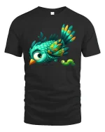 Cute Bird And Caterpillar Graphic Tee Colorful Nature Art T Shirt - black t-shirt on white background