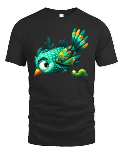 Cute Bird And Caterpillar Graphic Tee Colorful Nature Art T Shirt - black t-shirt on white background