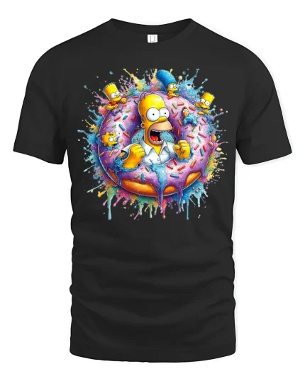 Funny Cartoon Family Donut Graphic Tee Colorful Pop Art T Shirt - black t-shirt on white background