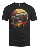 Retro Boombox Sunset Graphic Tee Vintage Music Art T Shirt - black t-shirt on white background