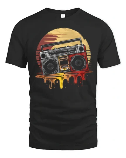 Retro Boombox Sunset Graphic Tee Vintage Music Art T Shirt - black t-shirt on white background