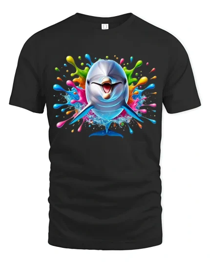 Colorful Dolphin Splash Graphic Tee Fun Ocean Art T Shirt - black t-shirt on white background