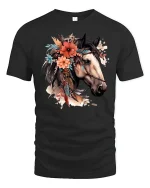 Floral Horse Portrait Graphic Tee Boho Western Art T Shirt - black t-shirt on white background