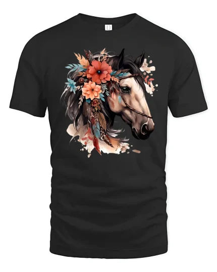 Floral Horse Portrait Graphic Tee Boho Western Art T Shirt - black t-shirt on white background