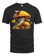 Mushroom Bee Nature Art Graphic Tee Whimsical Forest T Shirt - black t-shirt on white background