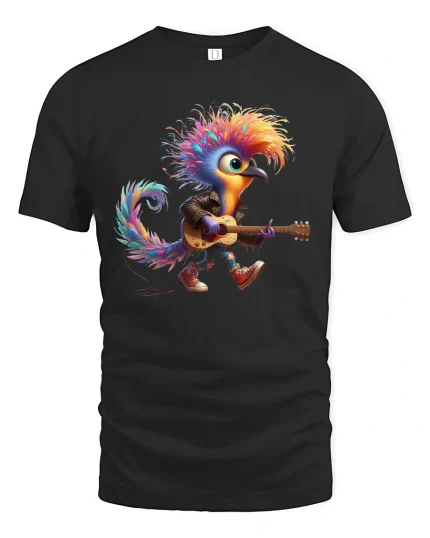 Rock Bird Guitar Graphic Tee Colorful Music Art T Shirt - black t-shirt on white background