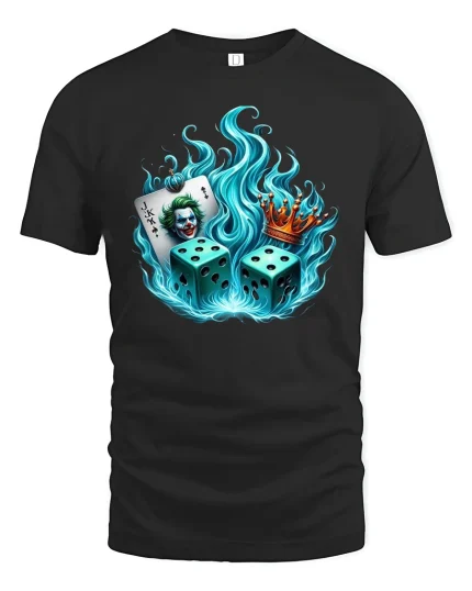 Joker Dice Crown Graphic Tee Fiery Casino Art T Shirt - black t-shirt on white background