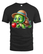Cute Turtle Apple Graphic Tee Adorable Cartoon Nature T Shirt - black t-shirt on white background