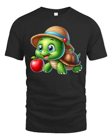 Cute Turtle Apple Graphic Tee Adorable Cartoon Nature T Shirt - black t-shirt on white background