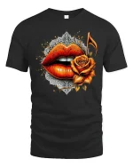Rose Lips Music Note Graphic Tee Bold Artistic Love T Shirt - black t-shirt on white background