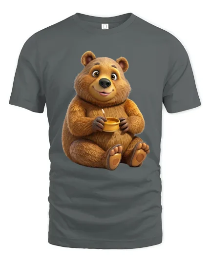 Cute Bear Honey Graphic Tee Adorable Cozy Cartoon T Shirt - gray t-shirt on white background
