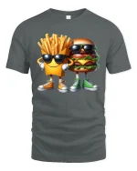 Funny Burger And Fries Graphic Tee Cool Cartoon Food T Shirt - gray t-shirt on white background