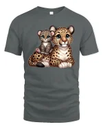 Cute Leopard And Cub Graphic Tee Adorable Wildlife Cartoon T Shirt - gray t-shirt on white background
