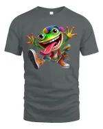 Funny Crazy Frog Cartoon Graphic Tee Colorful Playful Art T Shirt - gray t-shirt on white background