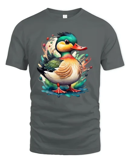 Colorful Duck Art Graphic Tee Cute Watercolor Animal T Shirt - gray t-shirt on white background